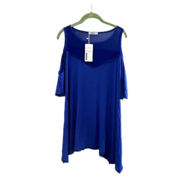 Measeor Top Women S Blue Mesh Cold Shoulder Tunic Hi Low Feminine Classic 80s - Picture 1 of 12